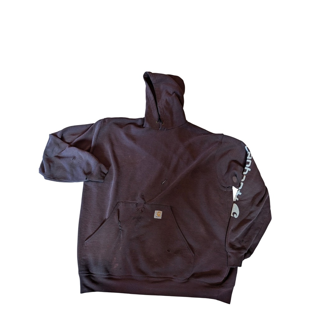 Authentic Carhartt Distressed Thrashed Hoodie Mens 2XL Brown Sweatshirt Arm logo